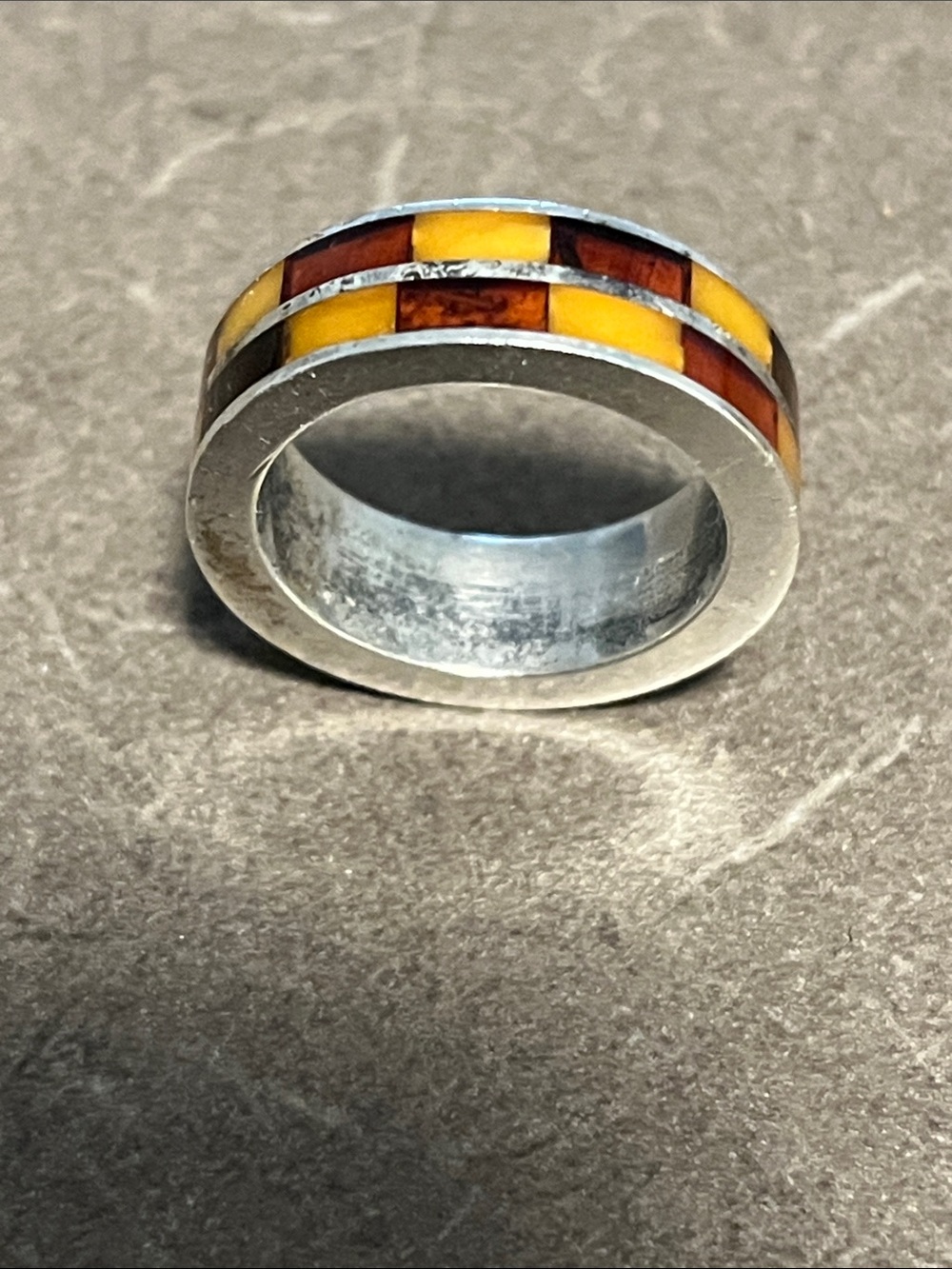 Silver Inlay Band Ring with Yellow and Brown Inlay Sz 7-8